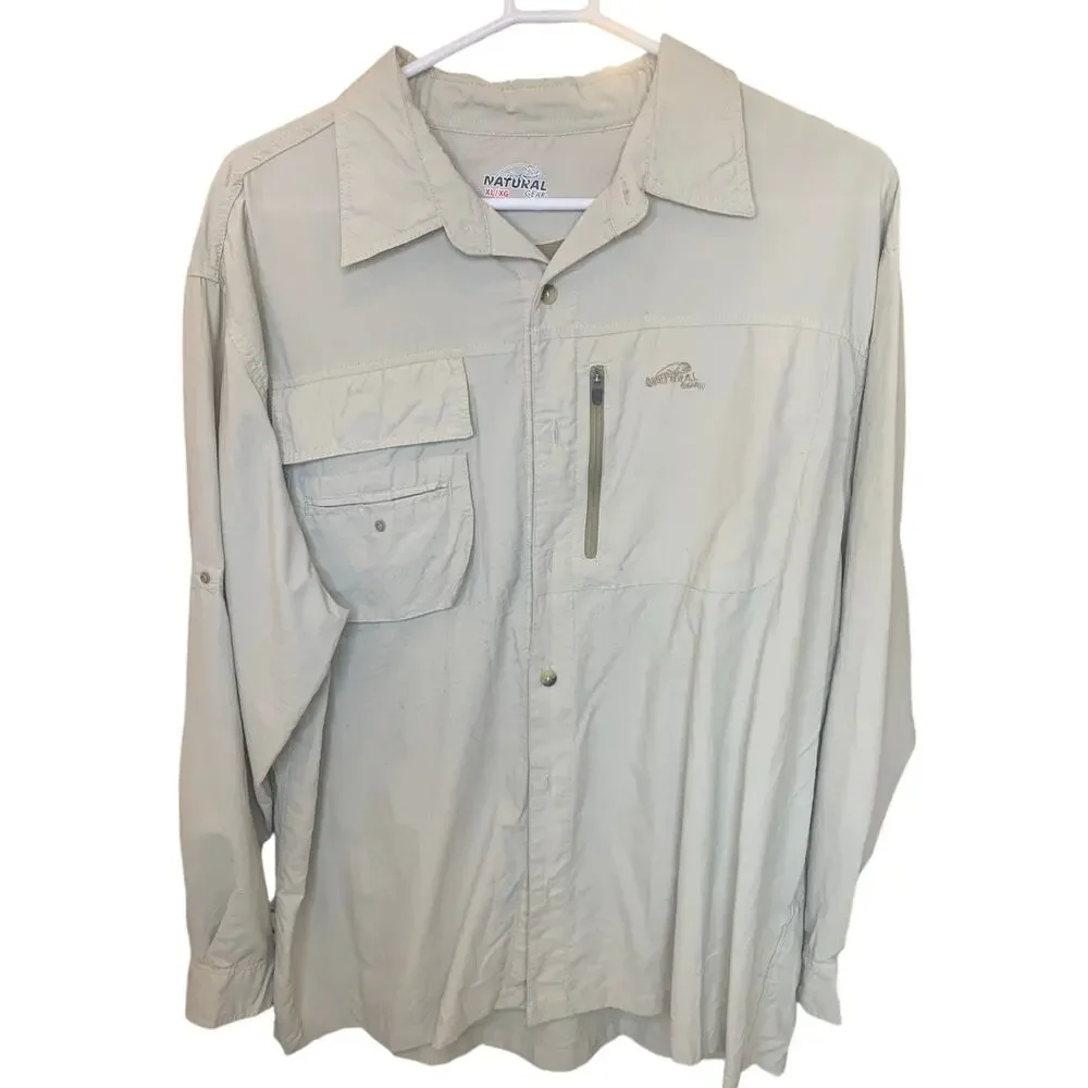 Natural Gear Fishing Shirt XL Khaki Nylon Vented Long / Short Sleeves Mens